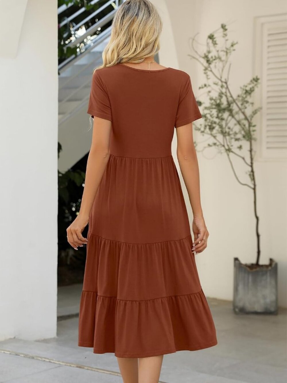 Women's Red Brown Tiered Short Sleeve Belted Pocket Ruffle Midi Maxi Dress - Picture 3 of 6